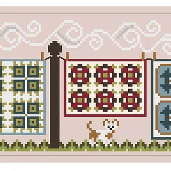 Cross stitch summer quilts pattern featuring puppies in the grass
